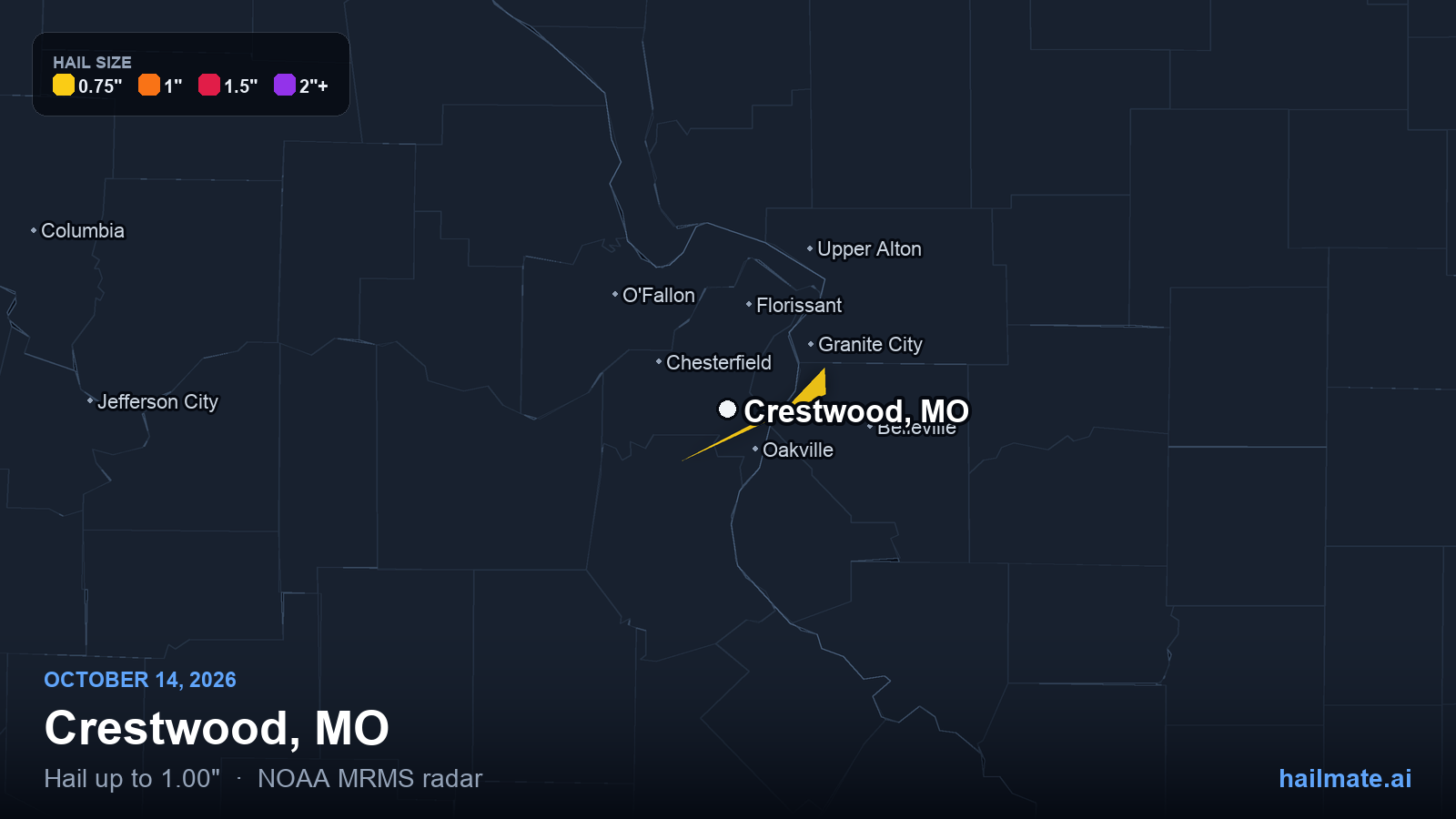 Hail swath map for Crestwood, MO on October 14, 2026 showing 1.00 inch hail.