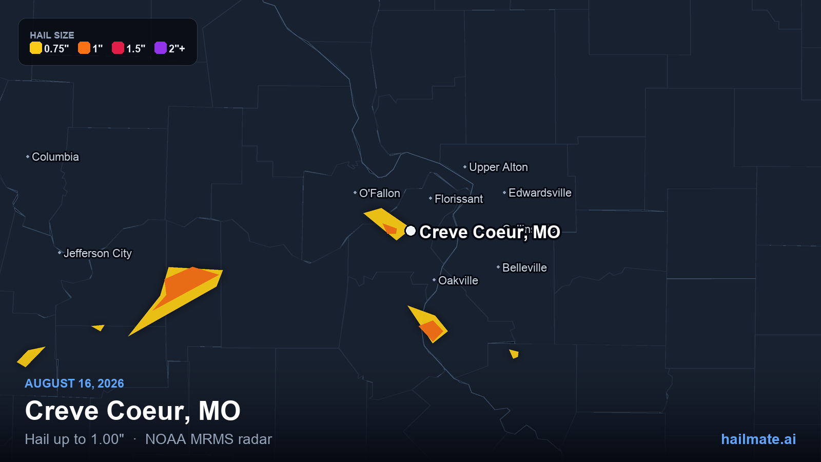 Hail swath map for Creve Coeur, MO on August 16, 2026 showing 1.00 inch hail.