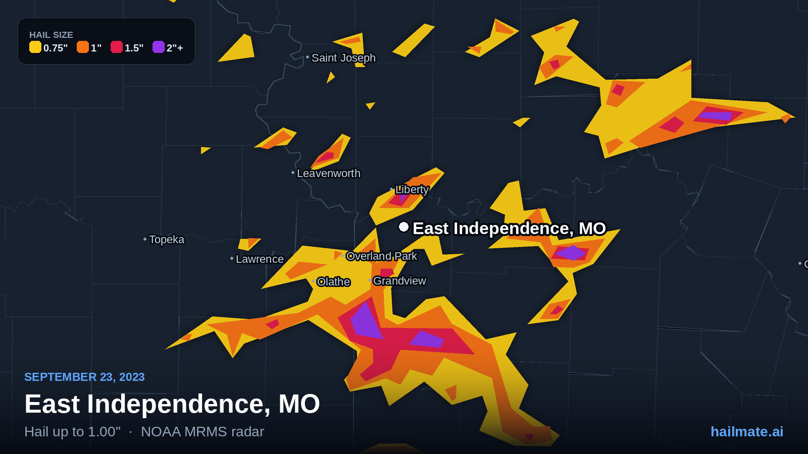 Hail swath map for East Independence, MO on September 23, 2023 showing 1.00 inch hail.
