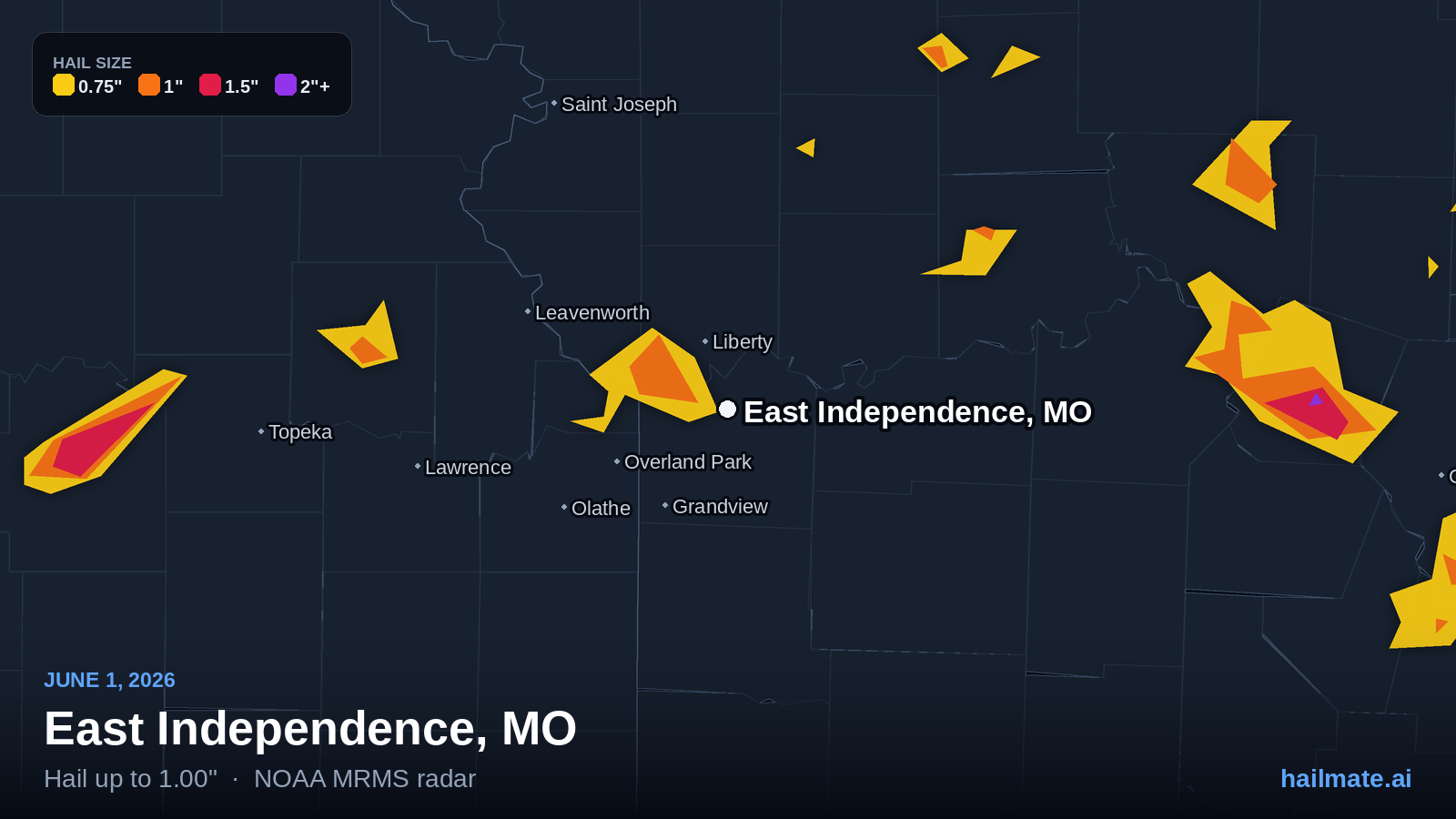 Hail swath map for East Independence, MO on June 1, 2026 showing 1.00 inch hail.