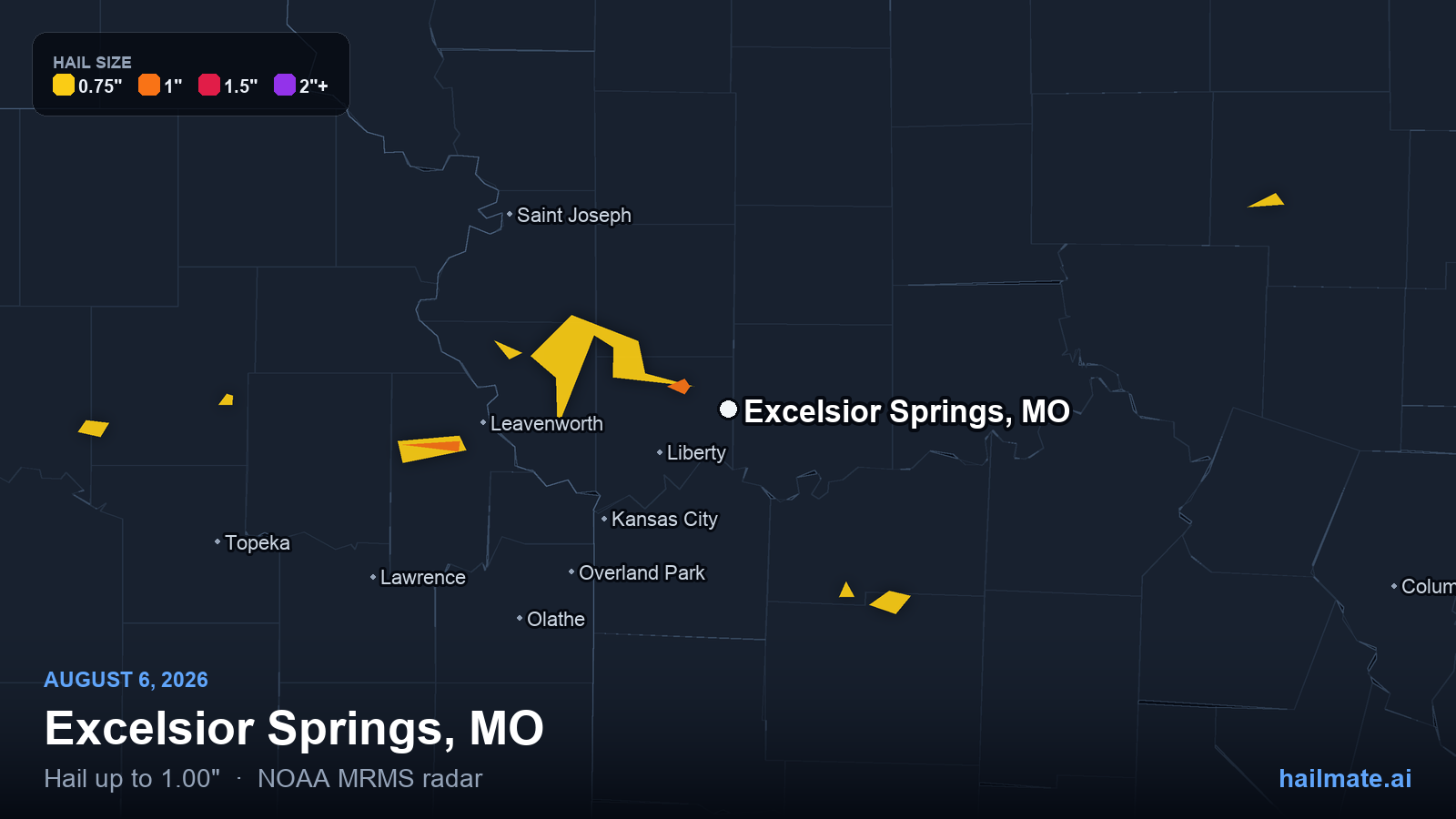 Hail swath map for Excelsior Springs, MO on August 6, 2026 showing 1.00 inch hail.