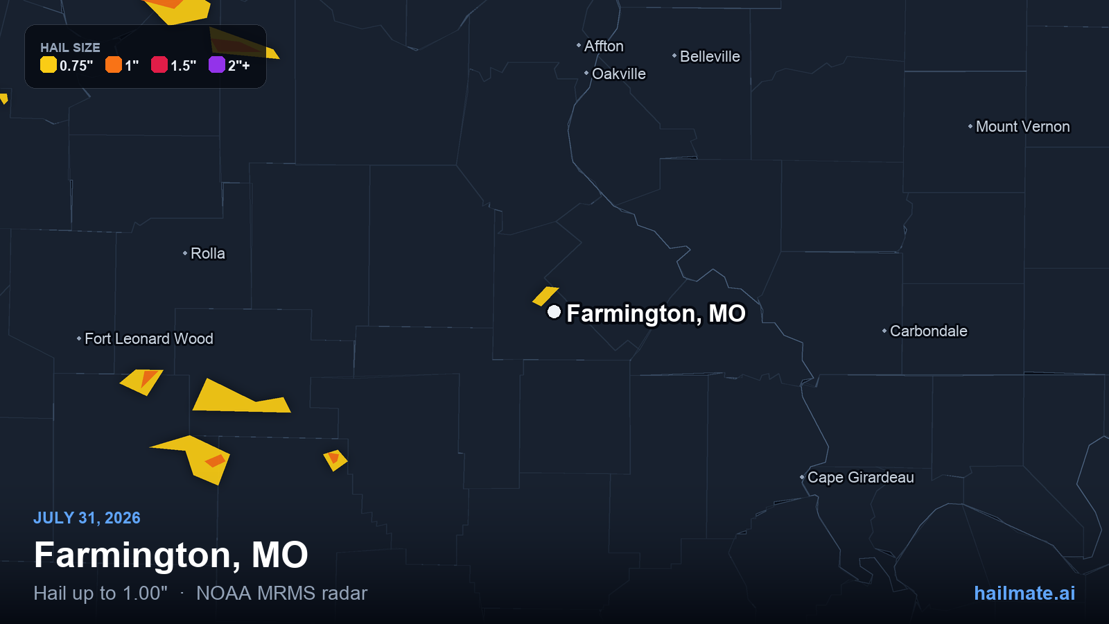 Hail swath map for Farmington, MO on July 31, 2026 showing 1.00 inch hail.
