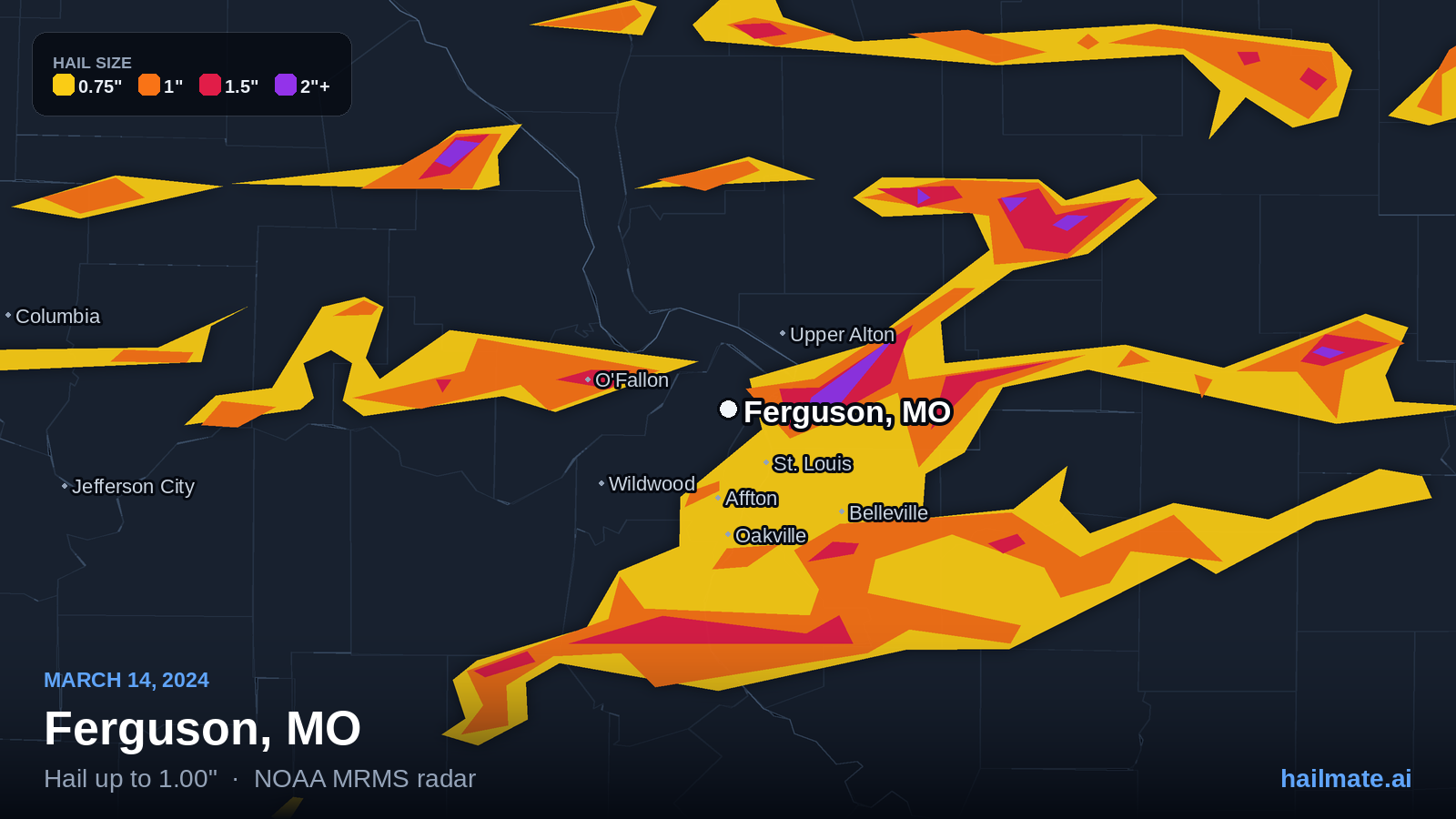 Hail swath map for Ferguson, MO on March 14, 2024 showing 1.00 inch hail.