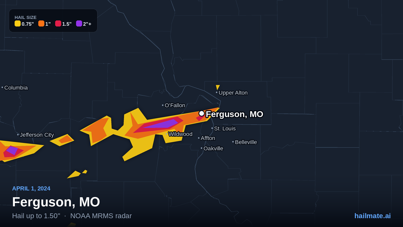 Hail swath map for Ferguson, MO on April 1, 2024 showing 1.50 inch hail.
