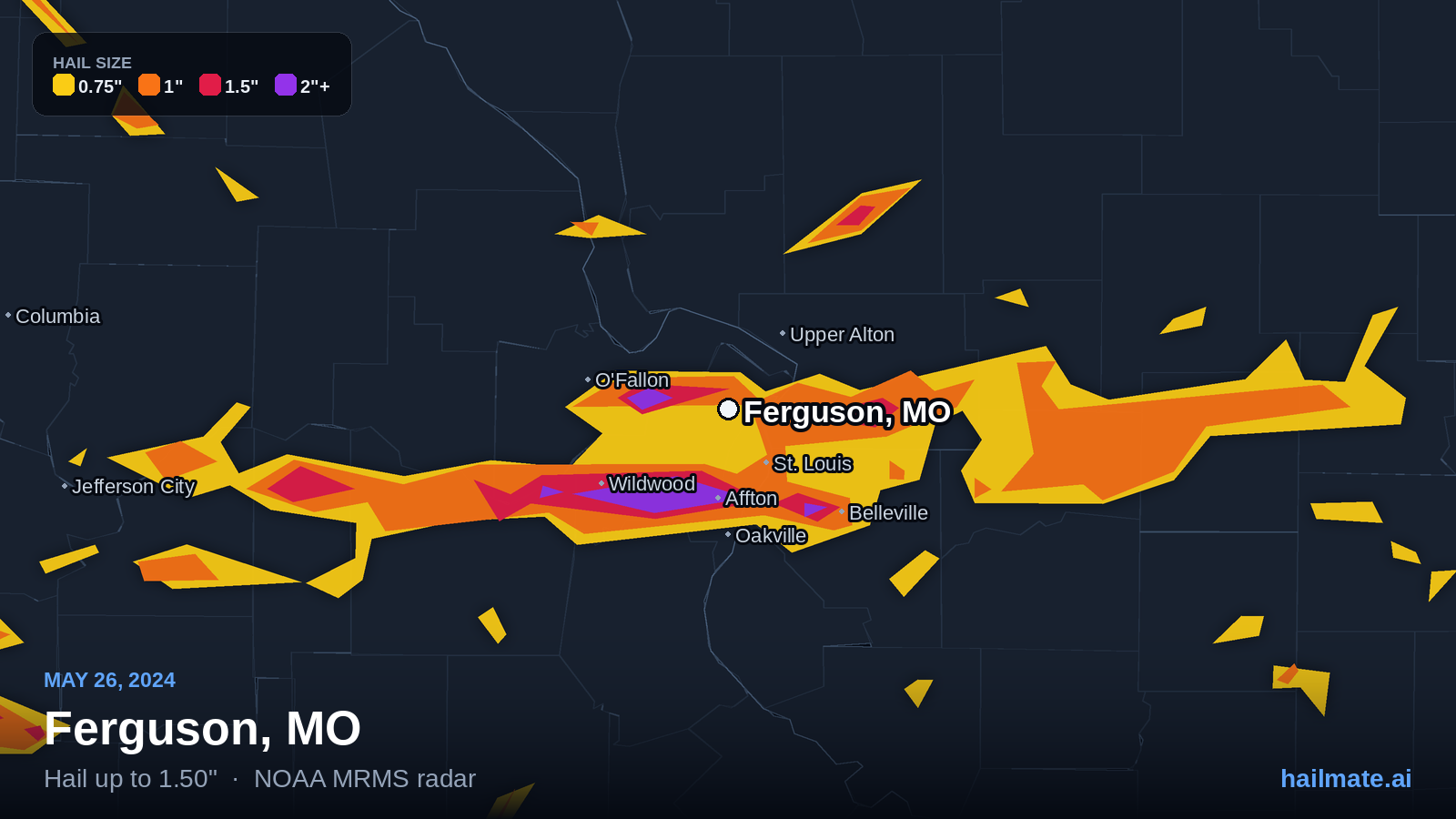 Hail swath map for Ferguson, MO on May 26, 2024 showing 1.50 inch hail.