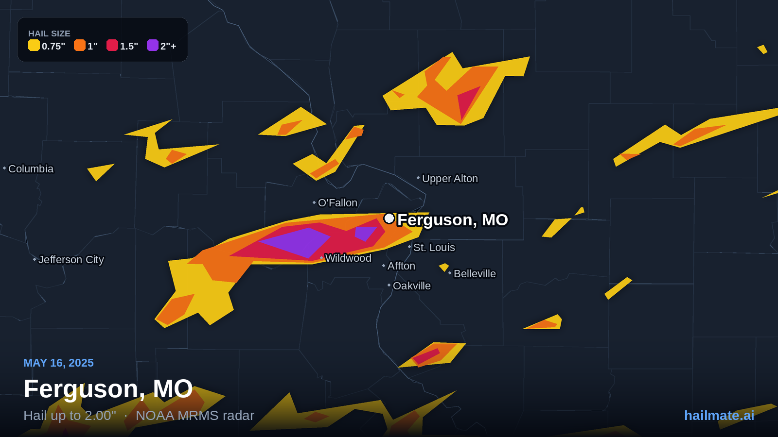 Hail swath map for Ferguson, MO on May 16, 2025 showing 2.00 inch hail.