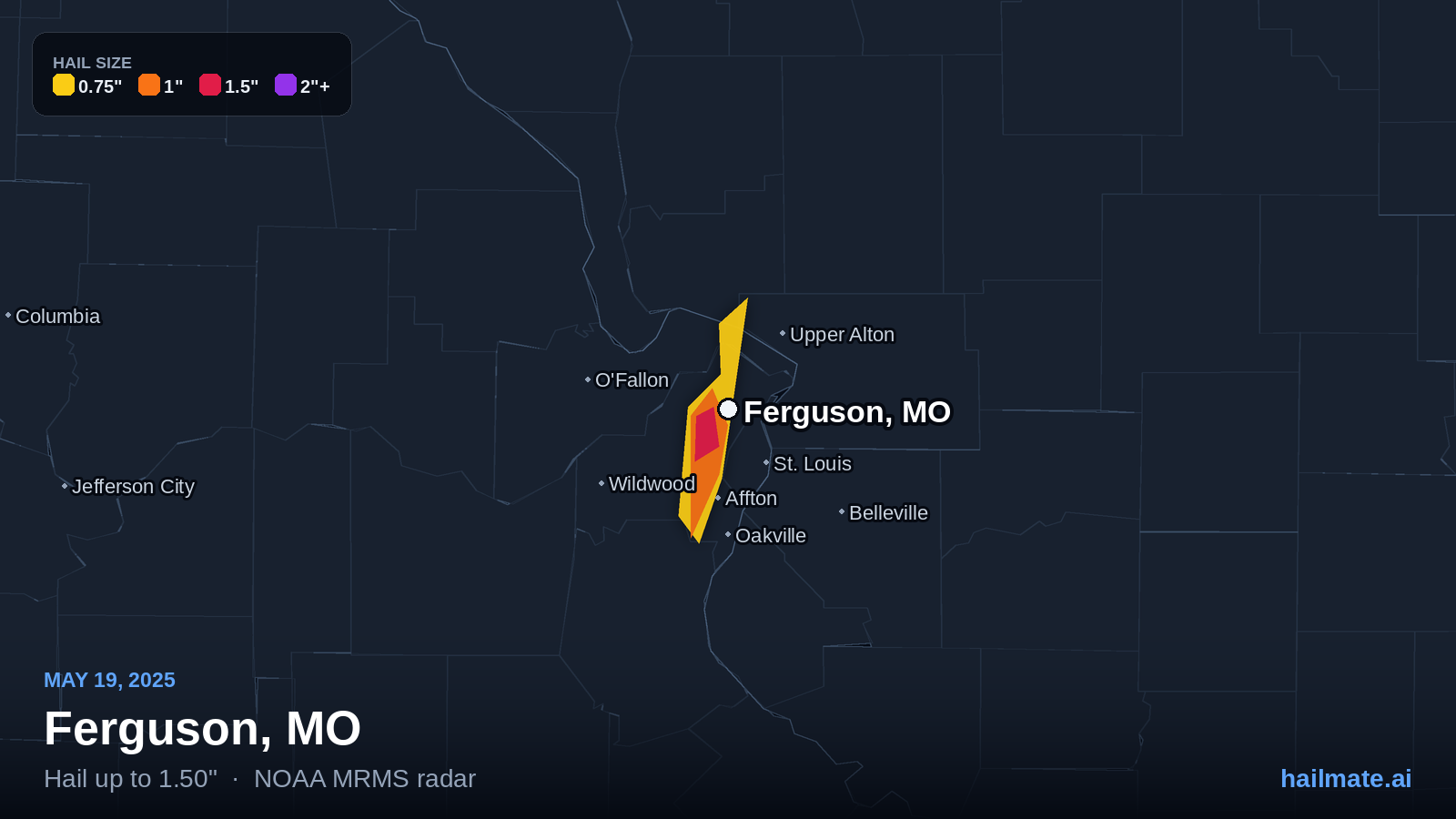 Hail swath map for Ferguson, MO on May 19, 2025 showing 1.50 inch hail.