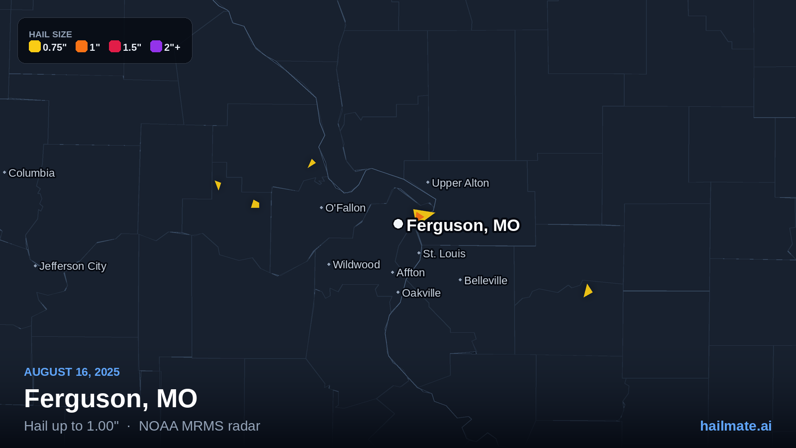 Hail swath map for Ferguson, MO on August 16, 2025 showing 1.00 inch hail.