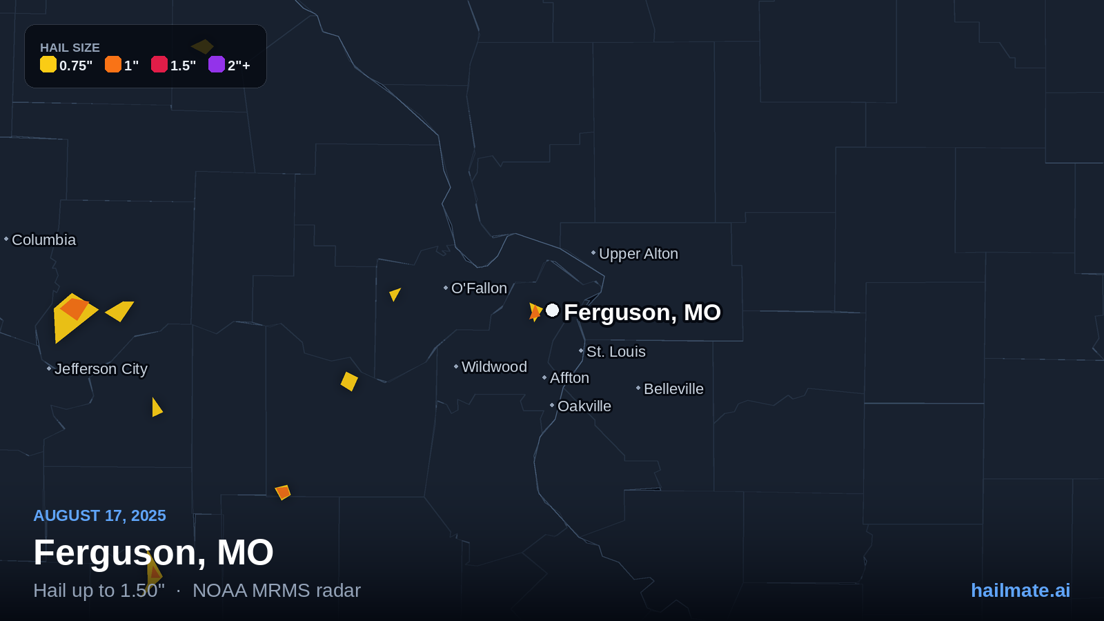 Hail swath map for Ferguson, MO on August 17, 2025 showing 1.50 inch hail.