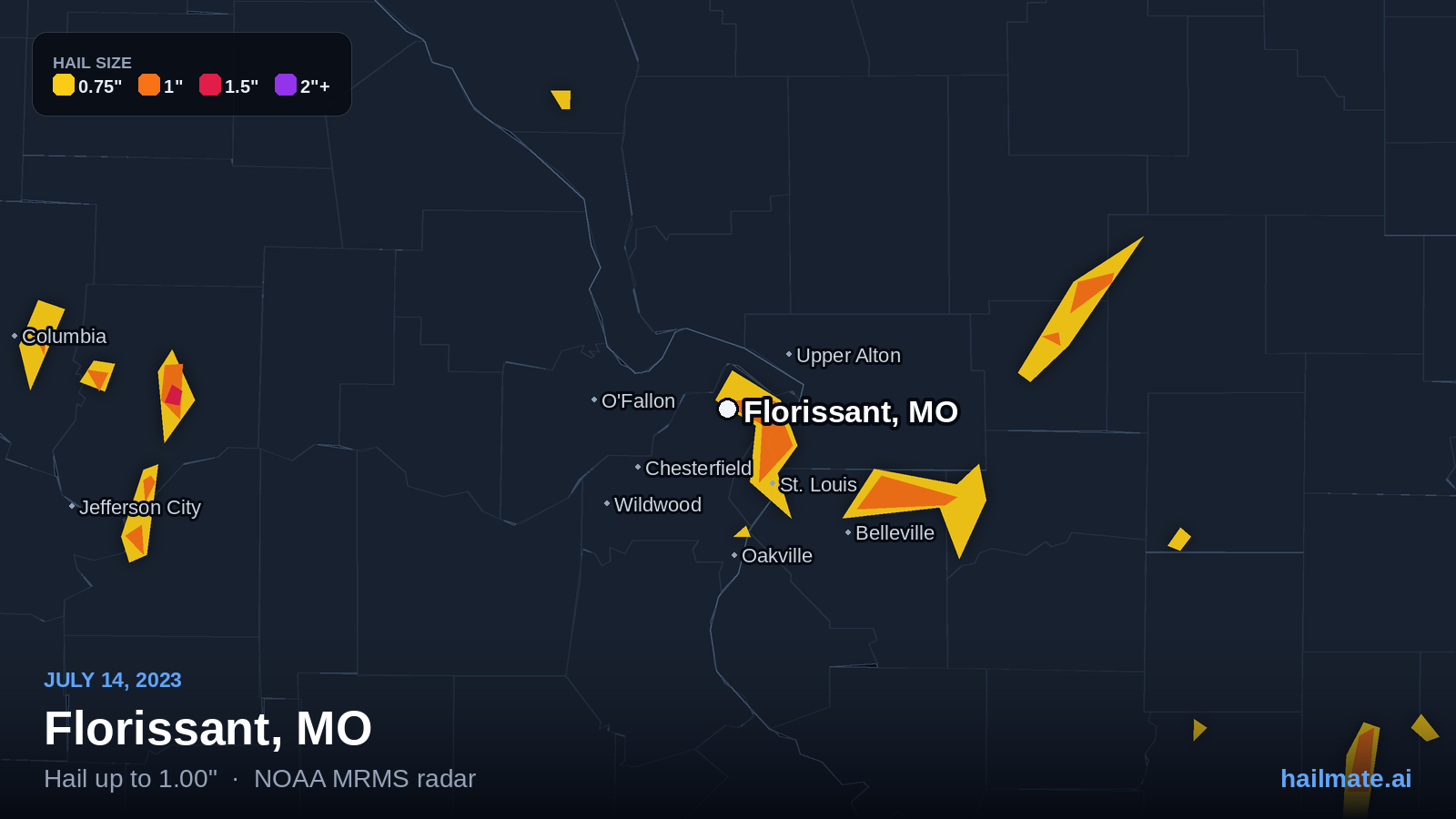 Hail swath map for Florissant, MO on July 14, 2023 showing 1.00 inch hail.