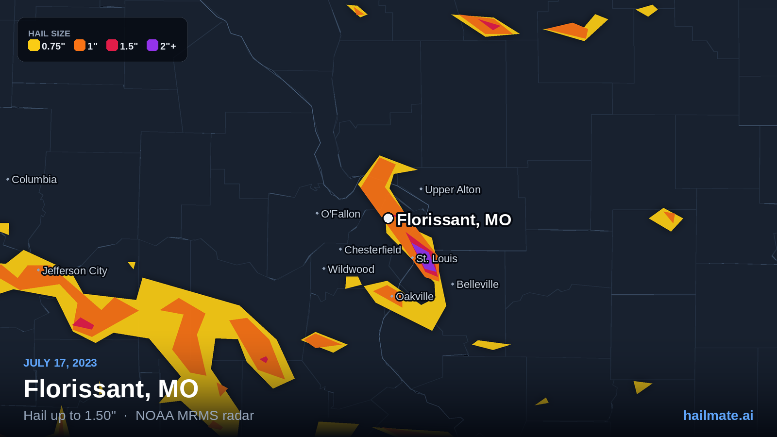 Hail swath map for Florissant, MO on July 17, 2023 showing 1.50 inch hail.
