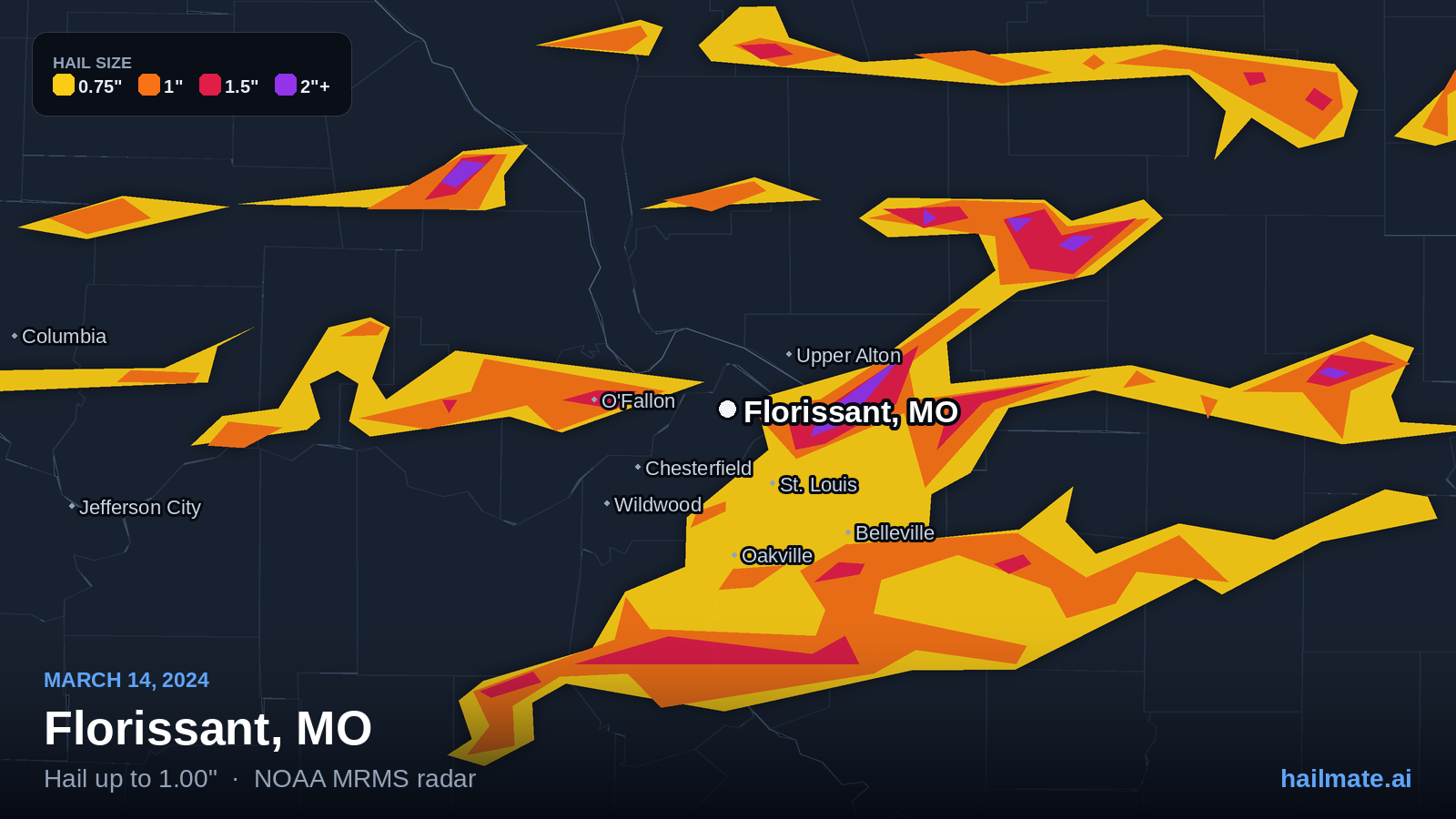 Hail swath map for Florissant, MO on March 14, 2024 showing 1.00 inch hail.