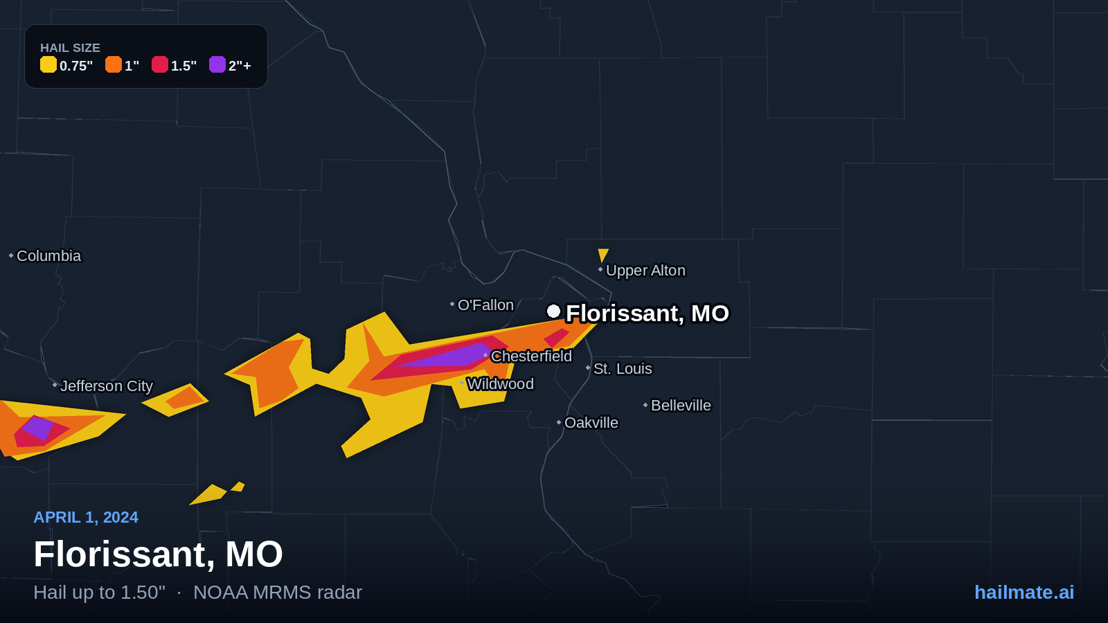 Hail swath map for Florissant, MO on April 1, 2024 showing 1.50 inch hail.