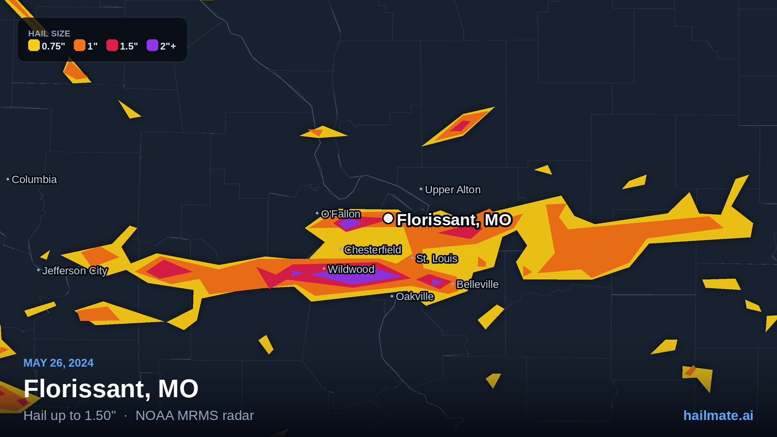 Hail swath map for Florissant, MO on May 26, 2024 showing 1.50 inch hail.