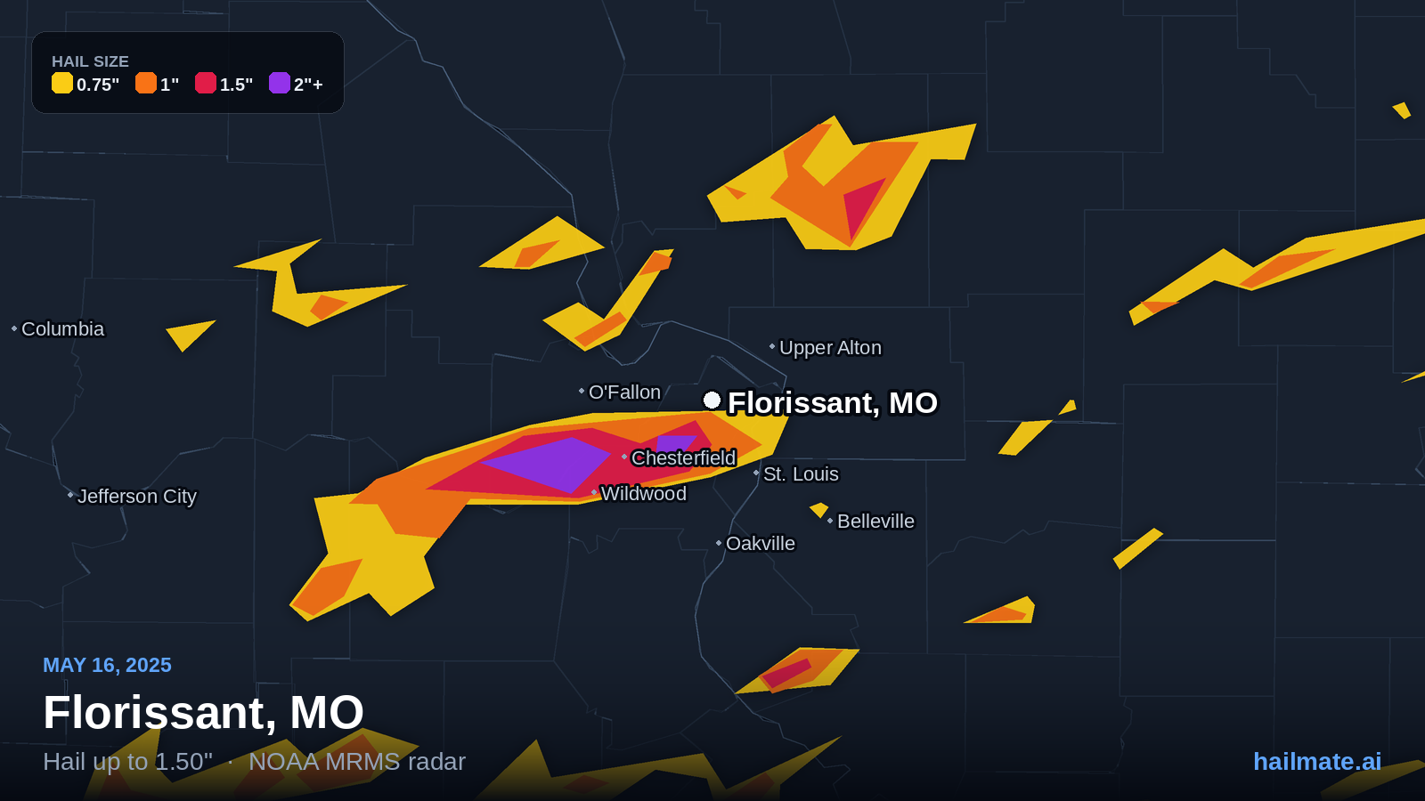 Hail swath map for Florissant, MO on May 16, 2025 showing 1.50 inch hail.