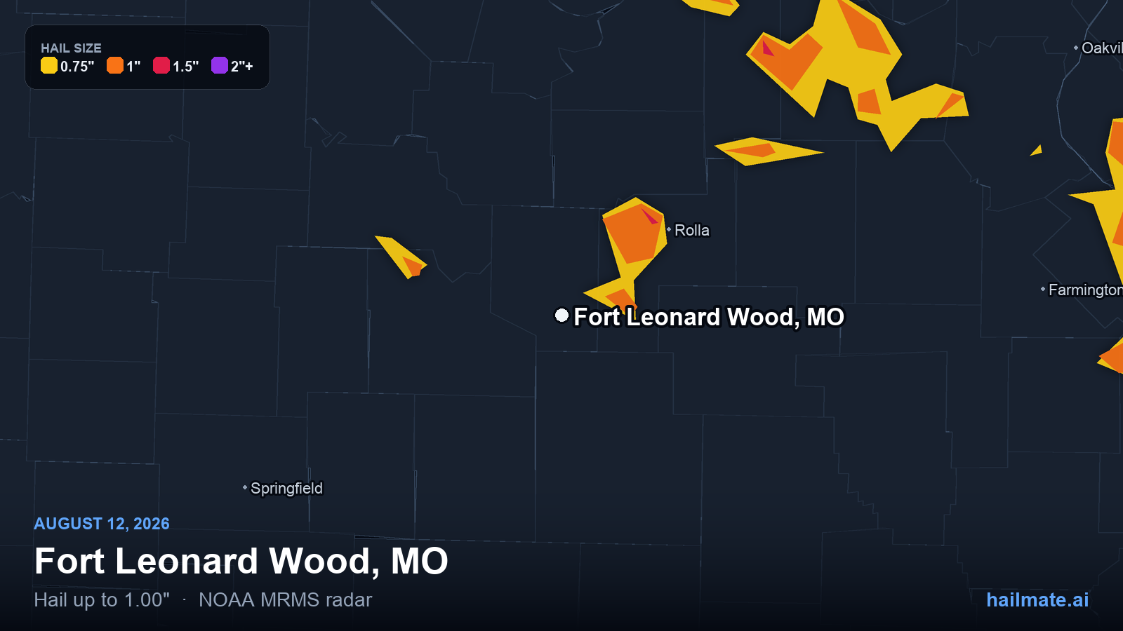Hail swath map for Fort Leonard Wood, MO on August 12, 2026 showing 1.00 inch hail.