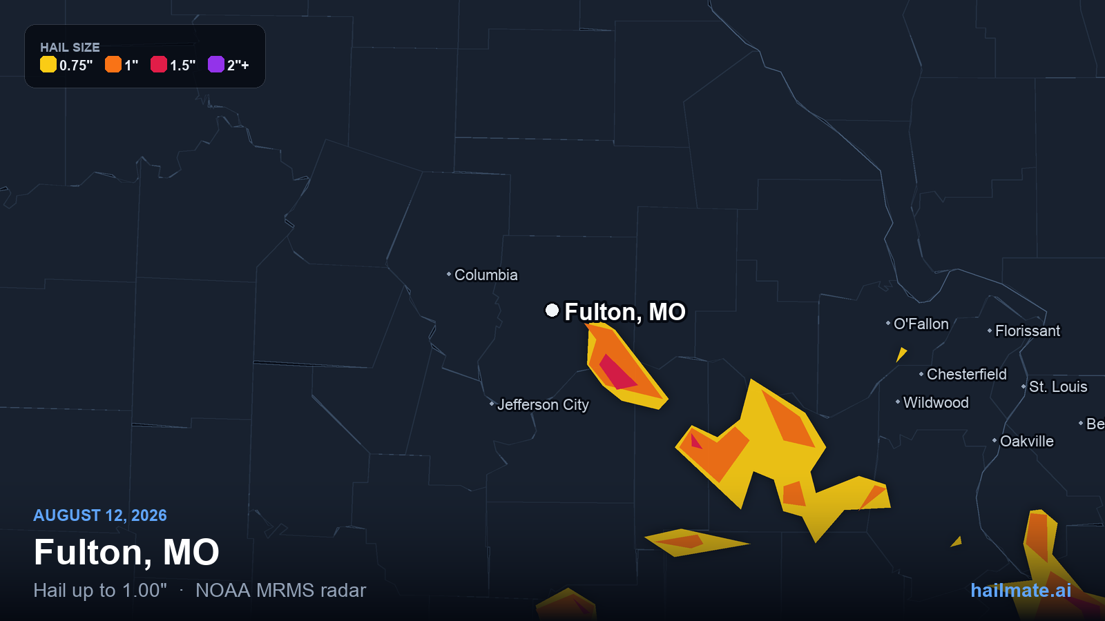 Hail swath map for Fulton, MO on August 12, 2026 showing 1.00 inch hail.