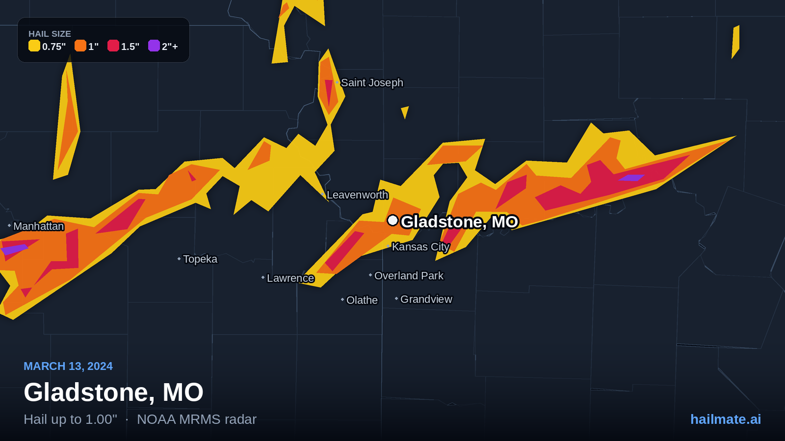 Hail swath map for Gladstone, MO on March 13, 2024 showing 1.00 inch hail.