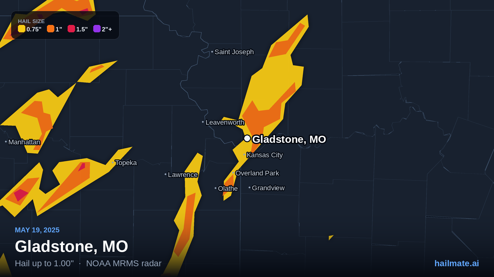 Hail swath map for Gladstone, MO on May 19, 2025 showing 1.00 inch hail.