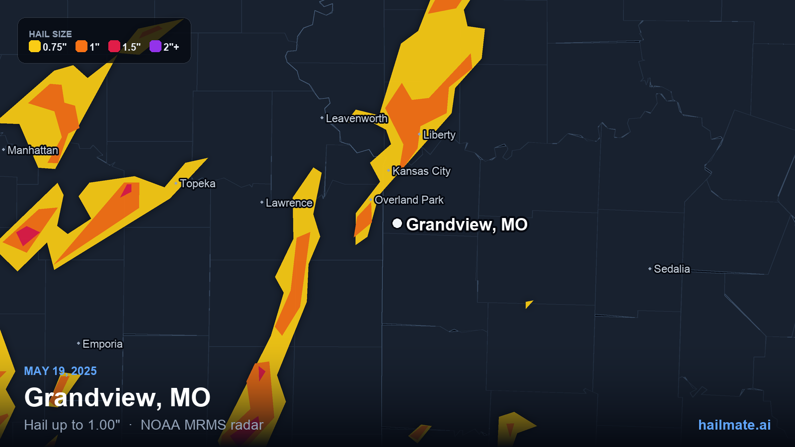Hail swath map for Grandview, MO on May 19, 2025 showing 1.00 inch hail.