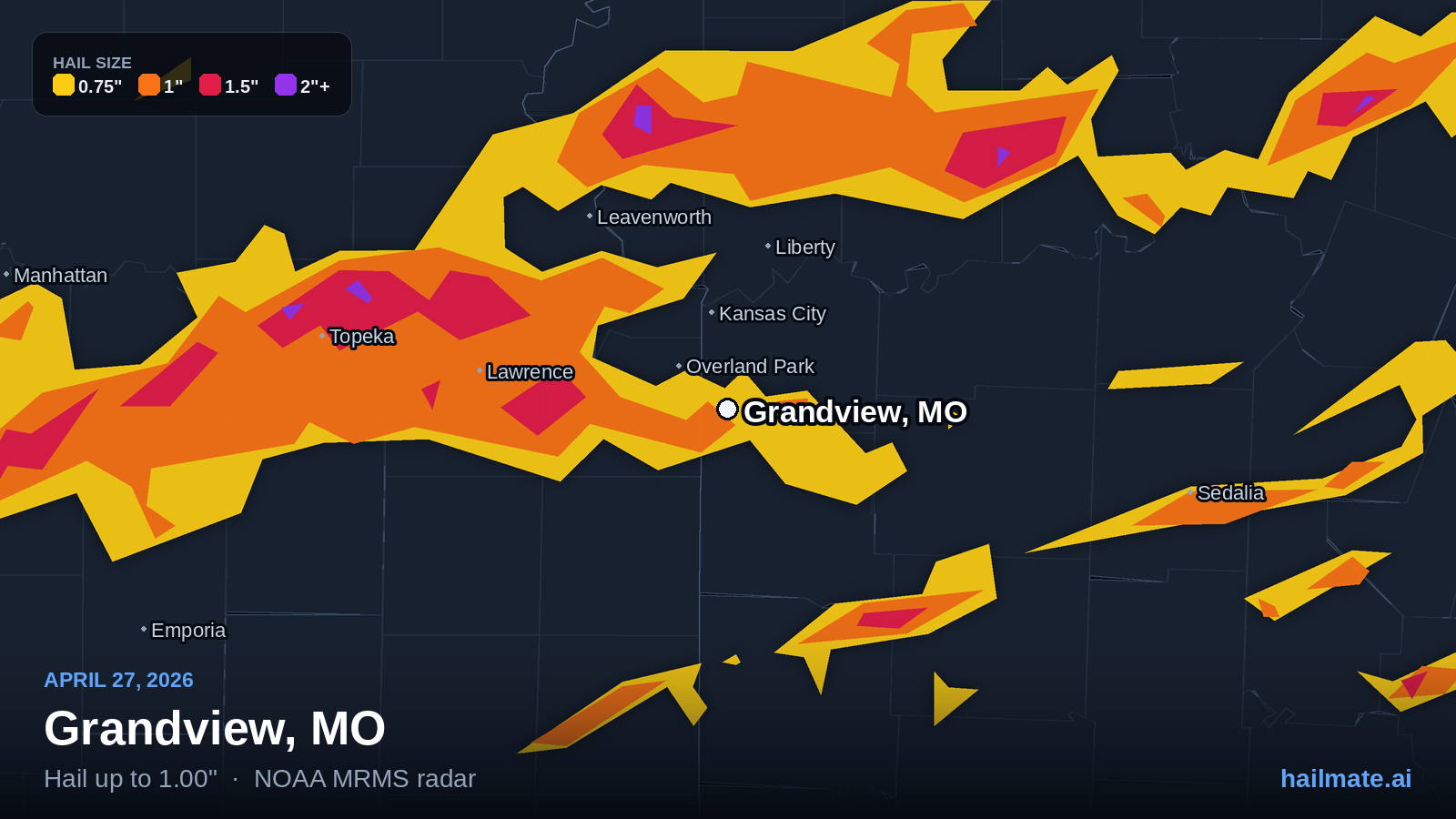 Hail swath map for Grandview, MO on April 27, 2026 showing 1.00 inch hail.