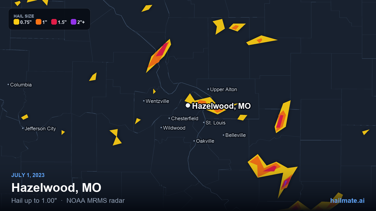 Hail swath map for Hazelwood, MO on July 1, 2023 showing 1.00 inch hail.