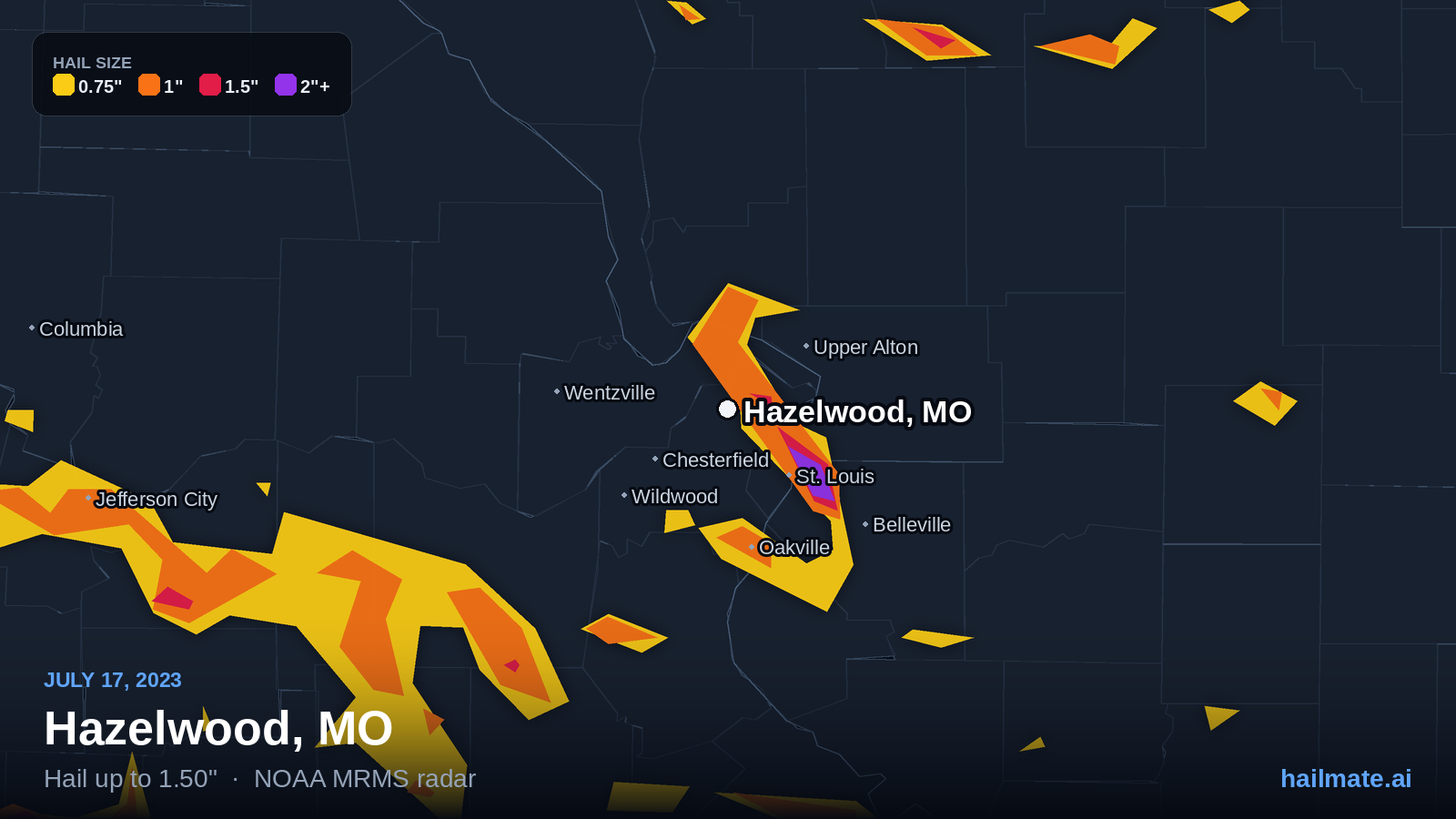 Hail swath map for Hazelwood, MO on July 17, 2023 showing 1.50 inch hail.
