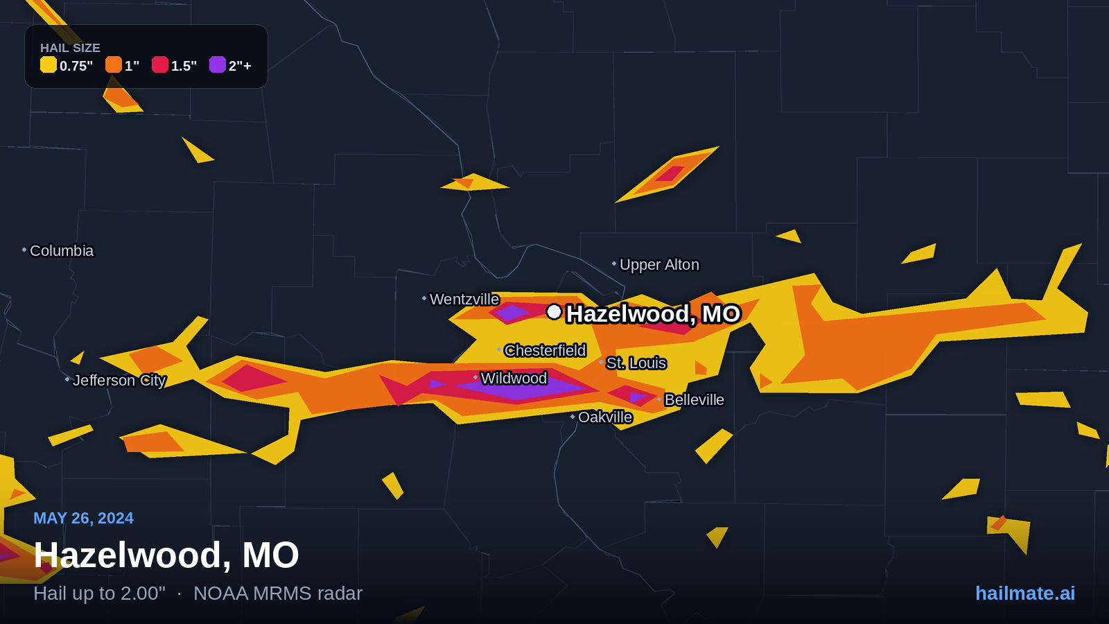 Hail swath map for Hazelwood, MO on May 26, 2024 showing 2.00 inch hail.