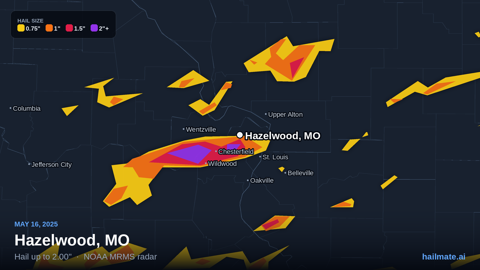 Hail swath map for Hazelwood, MO on May 16, 2025 showing 2.00 inch hail.