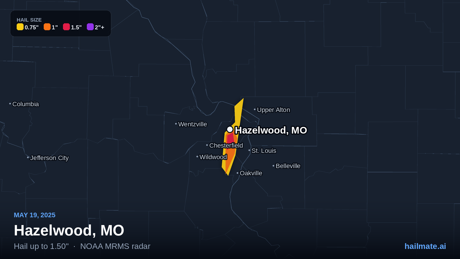 Hail swath map for Hazelwood, MO on May 19, 2025 showing 1.50 inch hail.