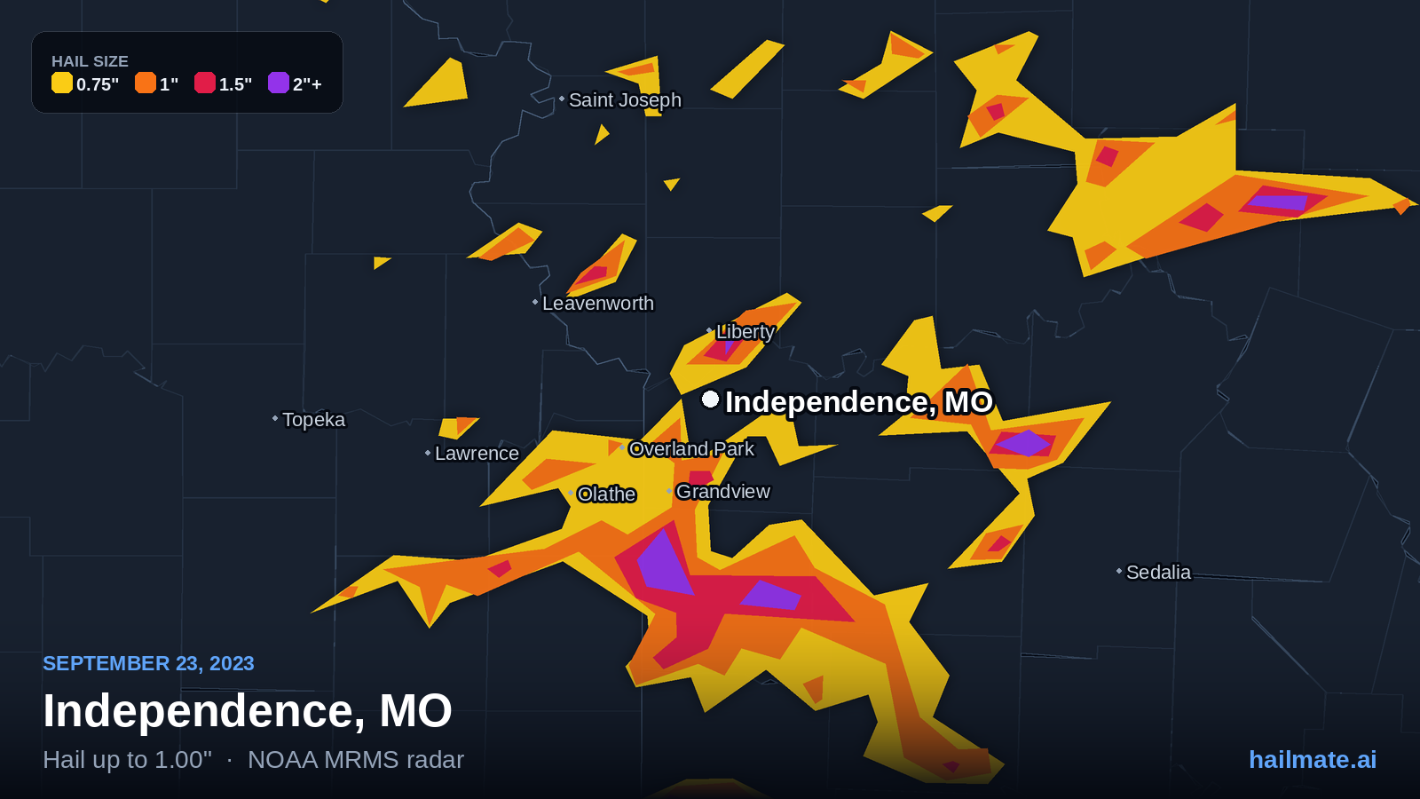 Hail swath map for Independence, MO on September 23, 2023 showing 1.00 inch hail.