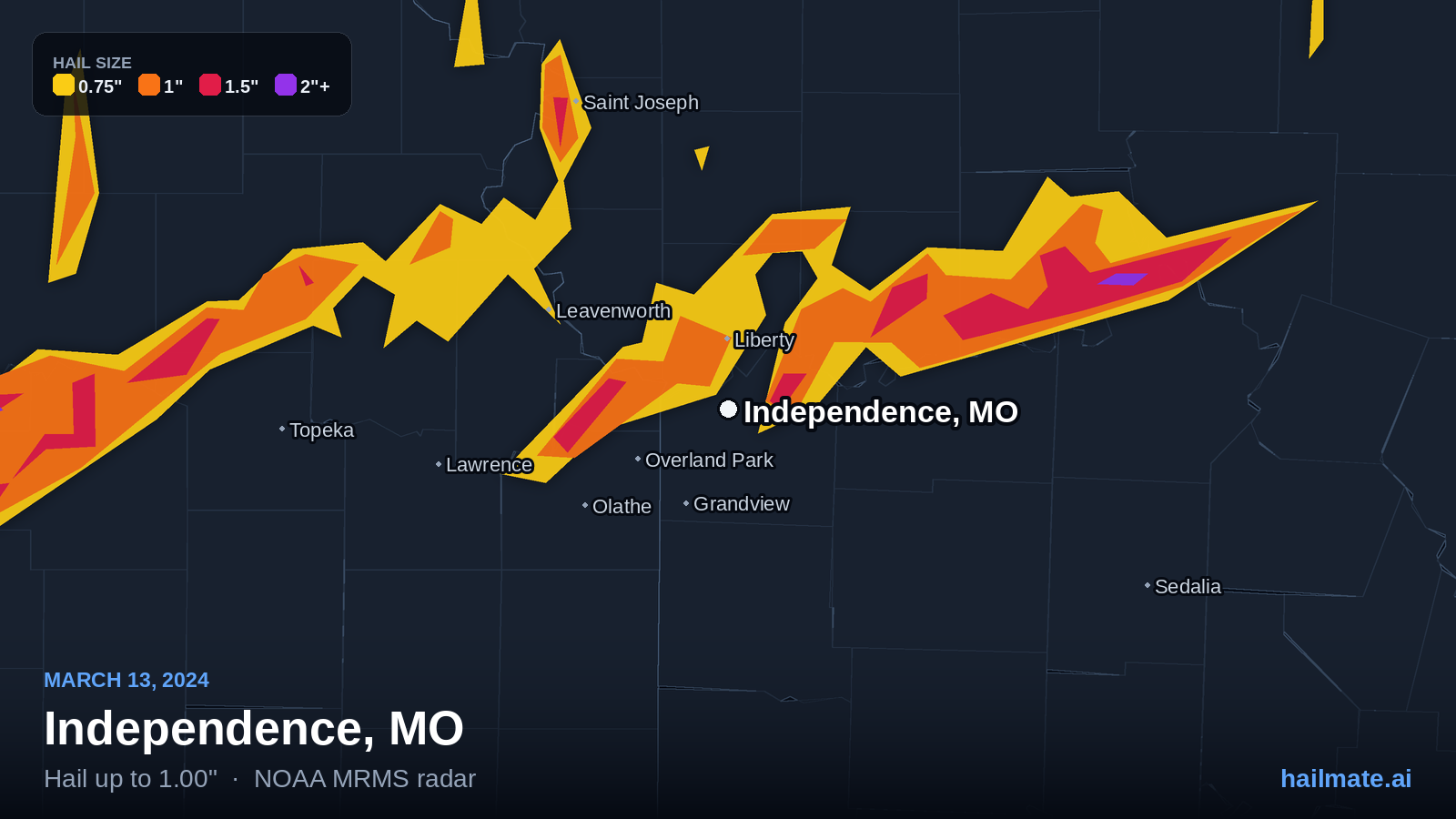 Hail swath map for Independence, MO on March 13, 2024 showing 1.00 inch hail.