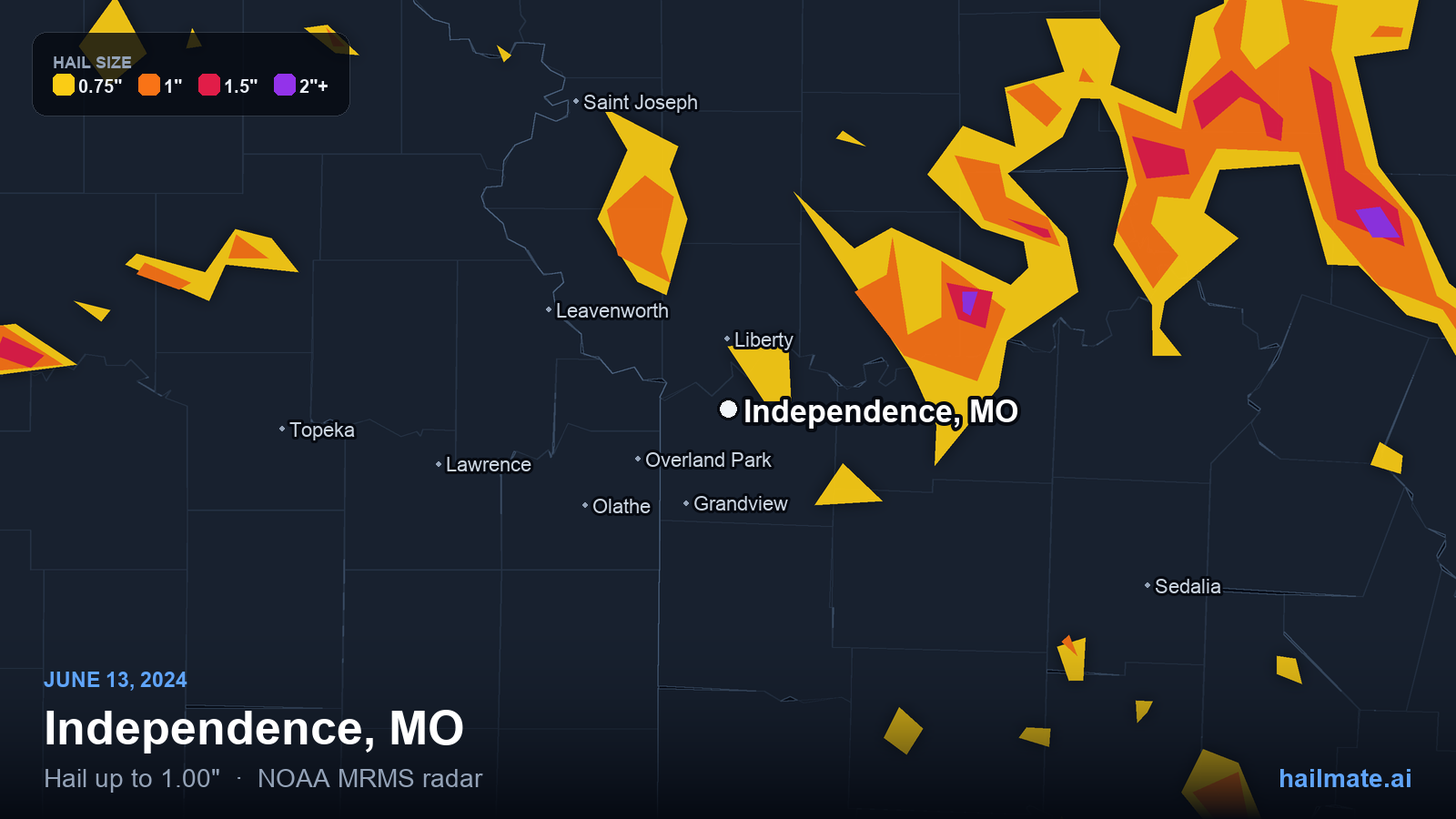 Hail swath map for Independence, MO on June 13, 2024 showing 1.00 inch hail.
