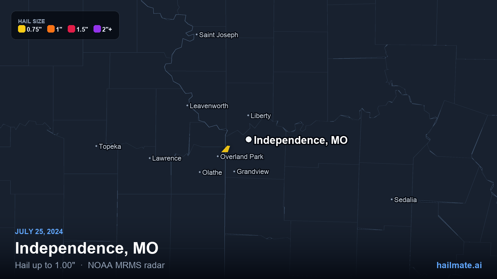 Hail swath map for Independence, MO on July 25, 2024 showing 1.00 inch hail.