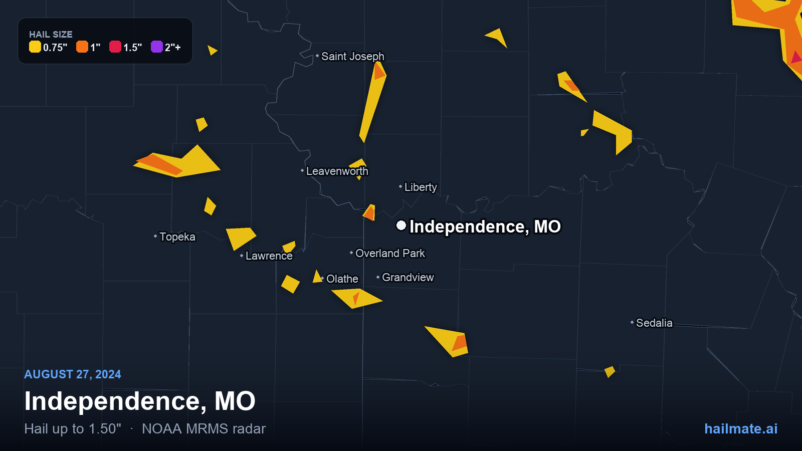 Hail swath map for Independence, MO on August 27, 2024 showing 1.50 inch hail.