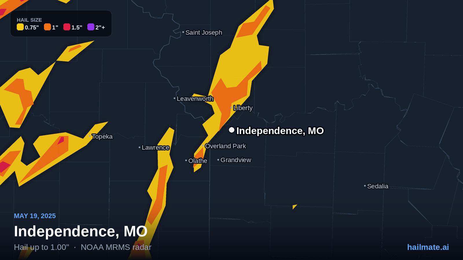 Hail swath map for Independence, MO on May 19, 2025 showing 1.00 inch hail.