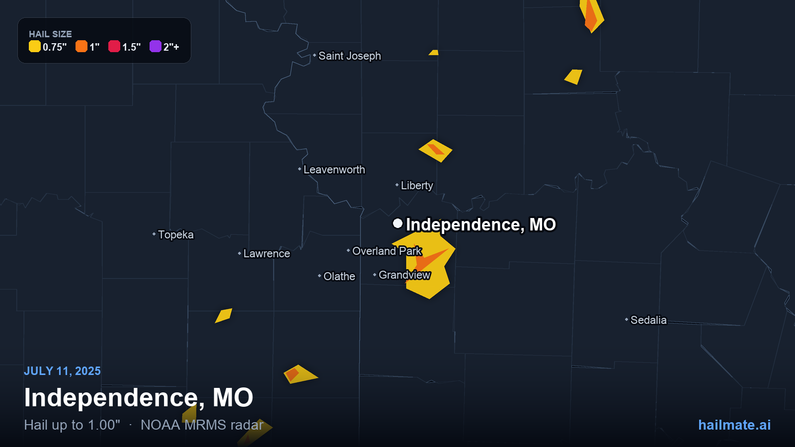Hail swath map for Independence, MO on July 11, 2025 showing 1.00 inch hail.