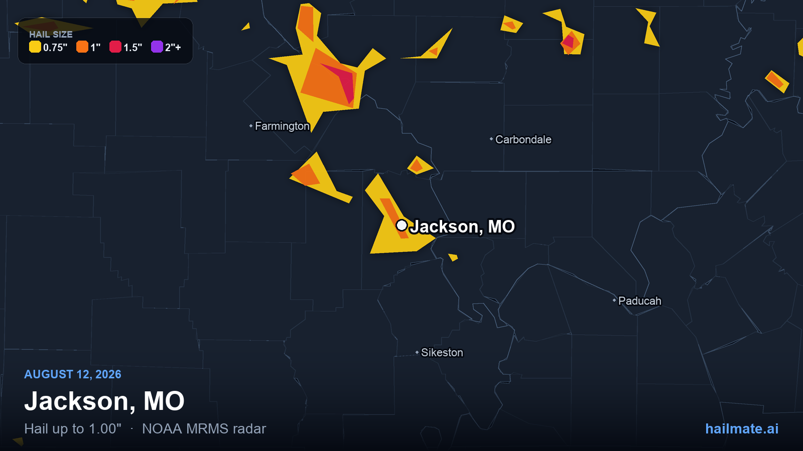 Hail swath map for Jackson, MO on August 12, 2026 showing 1.00 inch hail.