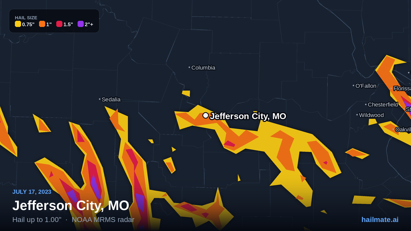 Hail swath map for Jefferson City, MO on July 17, 2023 showing 1.00 inch hail.