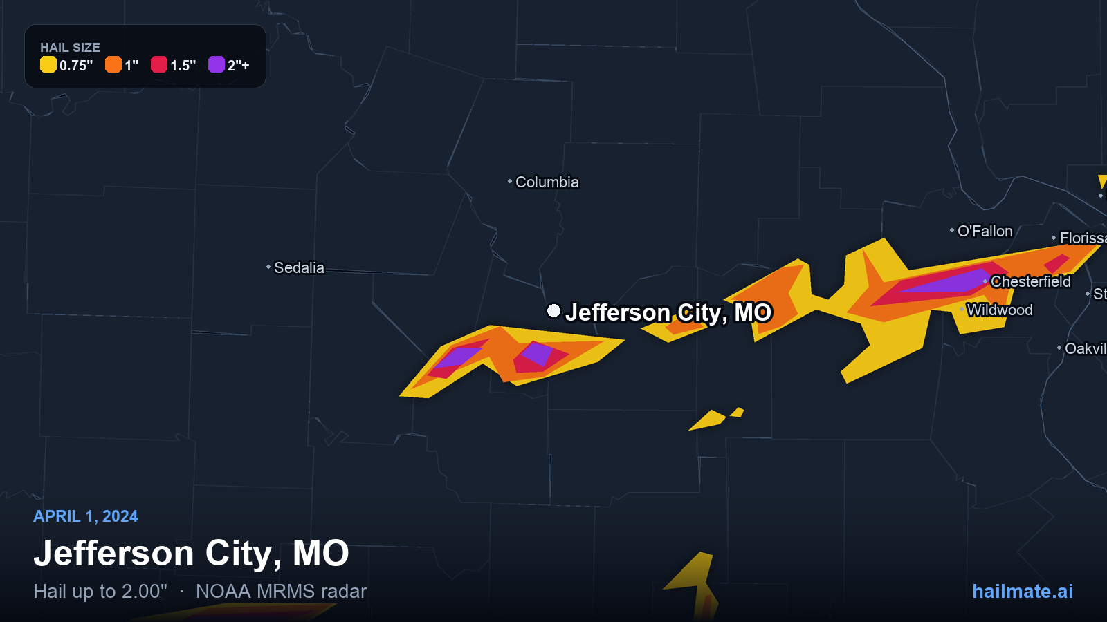 Hail swath map for Jefferson City, MO on April 1, 2024 showing 2.00 inch hail.