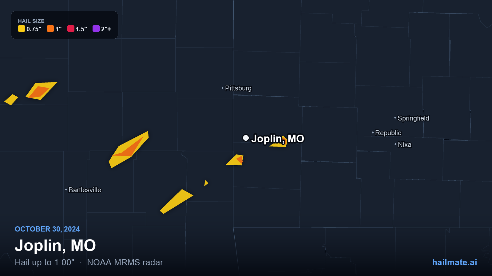 Hail swath map for Joplin, MO on October 30, 2024 showing 1.00 inch hail.