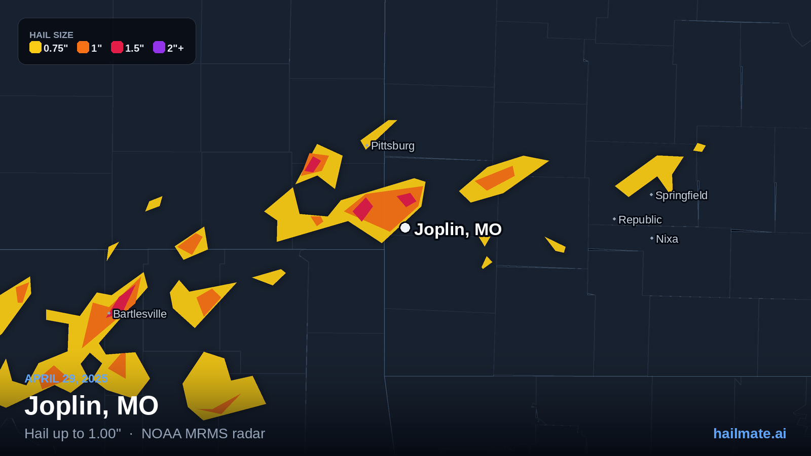 Hail swath map for Joplin, MO on April 29, 2025 showing 1.00 inch hail.