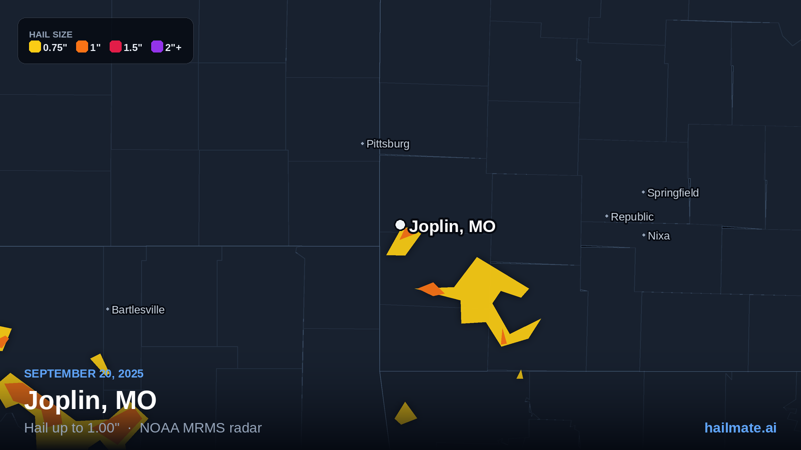 Hail swath map for Joplin, MO on September 20, 2025 showing 1.00 inch hail.