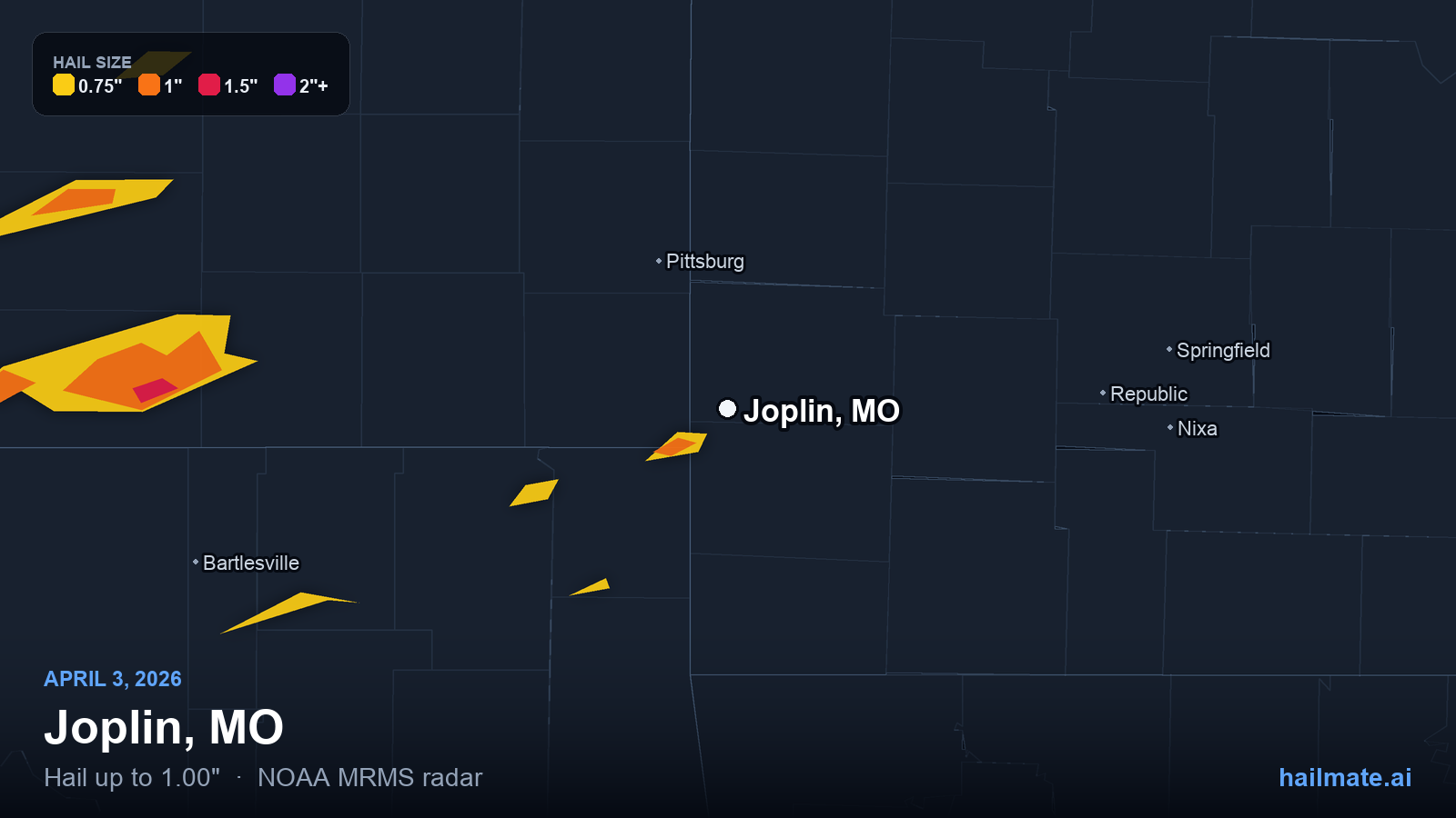 Hail swath map for Joplin, MO on April 3, 2026 showing 1.00 inch hail.