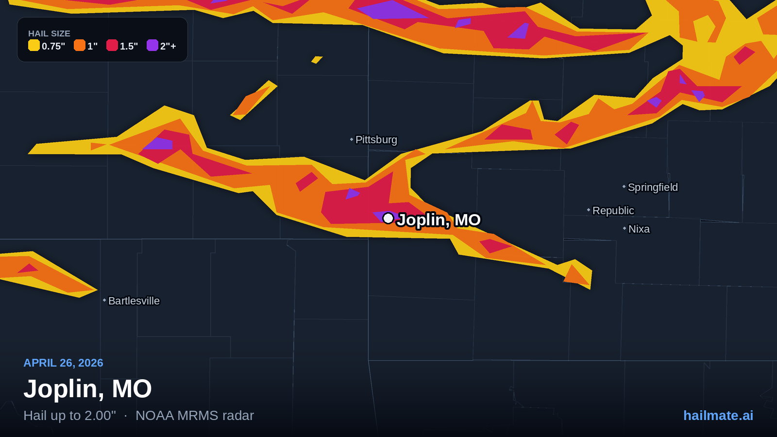 Hail swath map for Joplin, MO on April 26, 2026 showing 2.00 inch hail.
