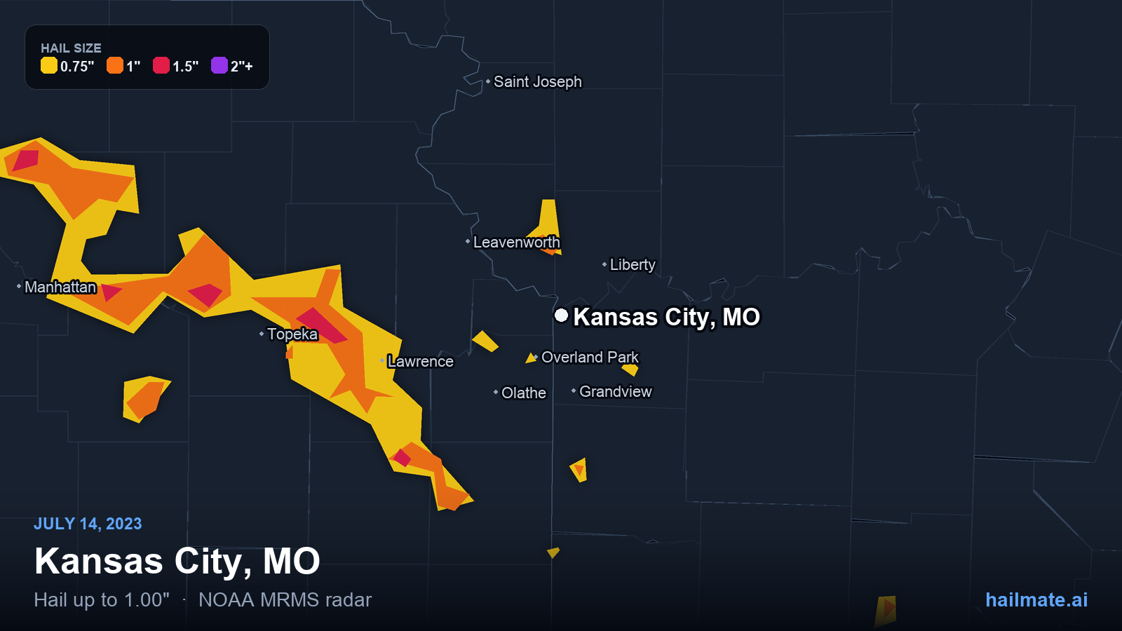 Hail swath map for Kansas City, MO on July 14, 2023 showing 1.00 inch hail.