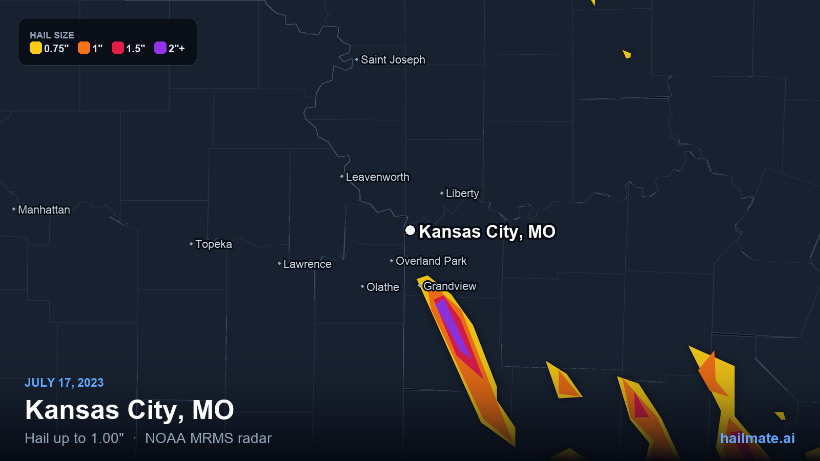 Hail swath map for Kansas City, MO on July 17, 2023 showing 1.00 inch hail.