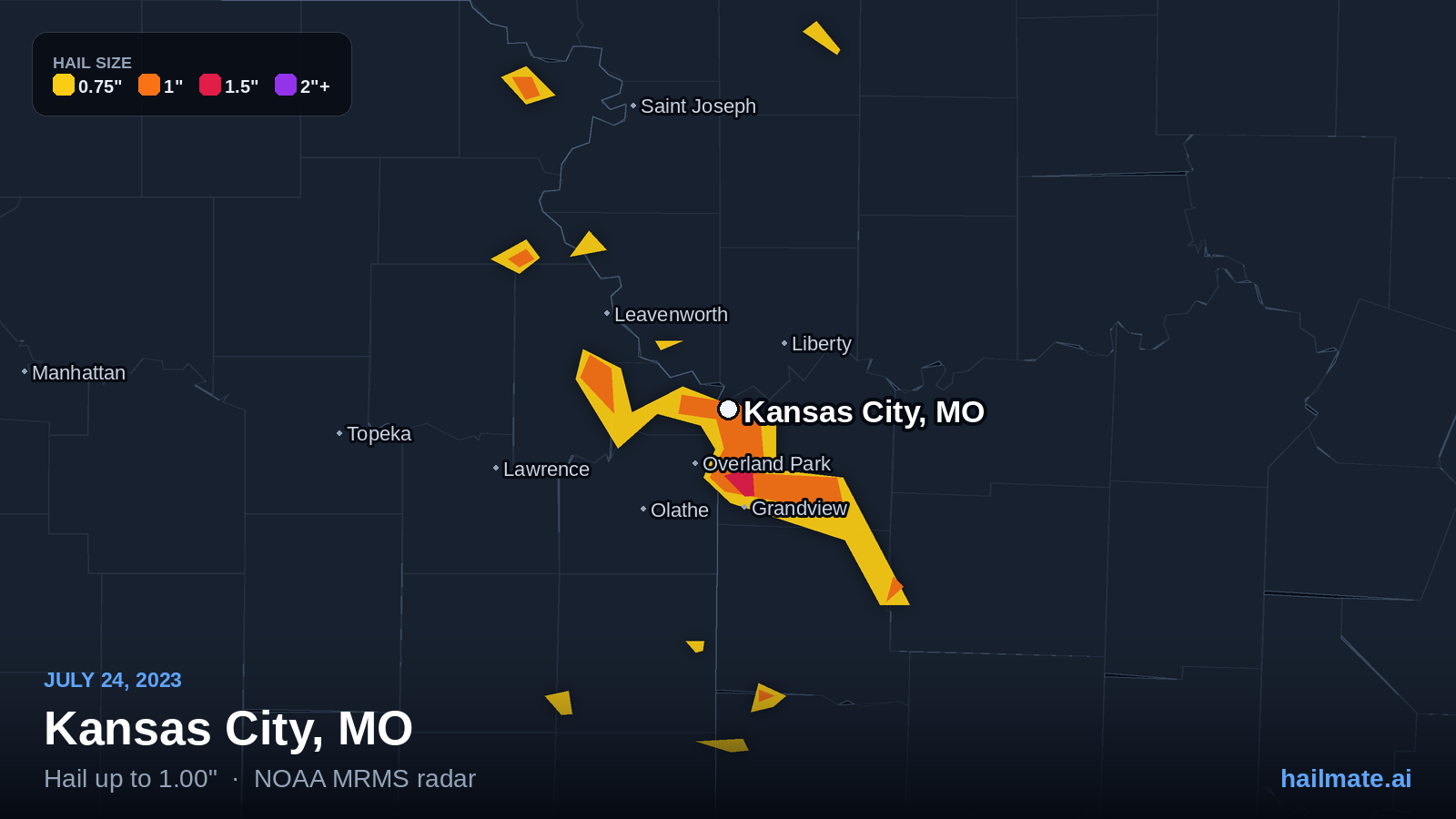 Hail swath map for Kansas City, MO on July 24, 2023 showing 1.00 inch hail.