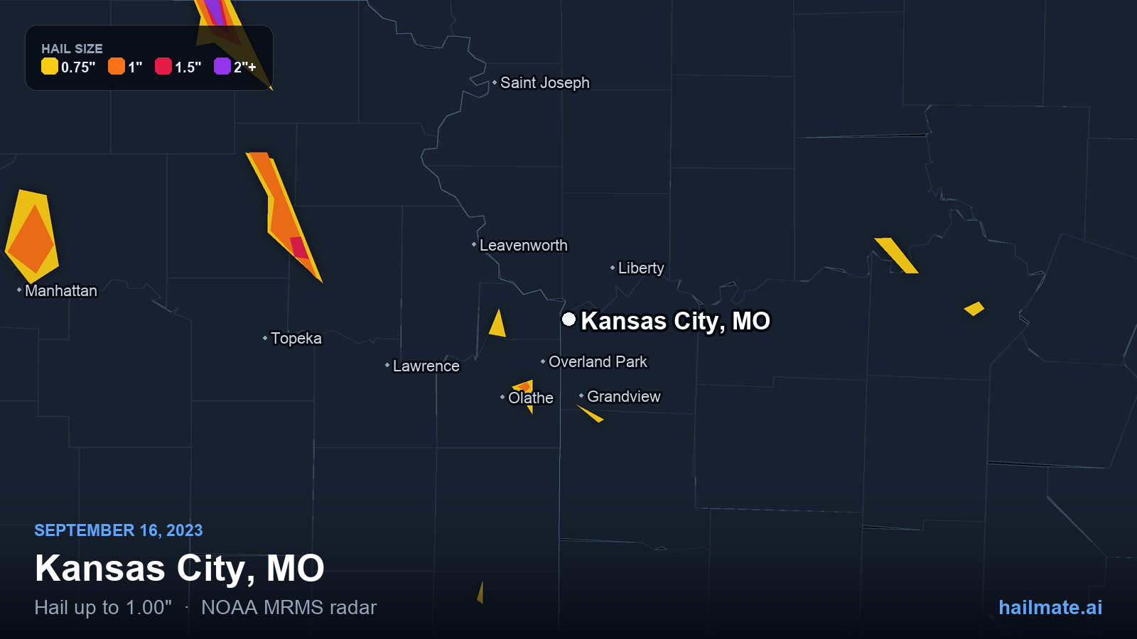 Hail swath map for Kansas City, MO on September 16, 2023 showing 1.00 inch hail.