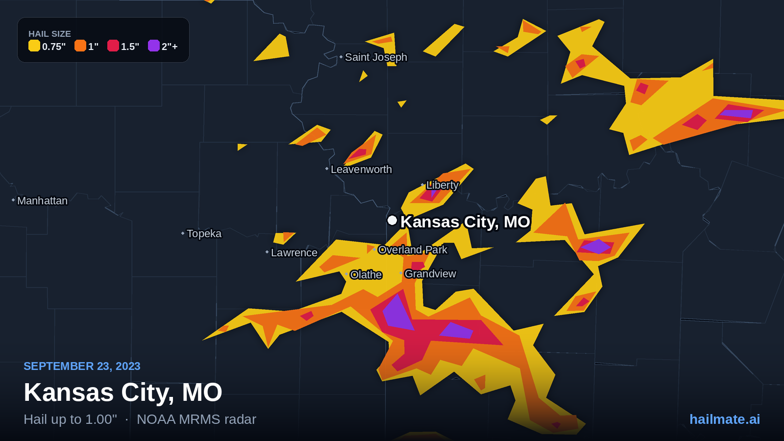 Hail swath map for Kansas City, MO on September 23, 2023 showing 1.00 inch hail.